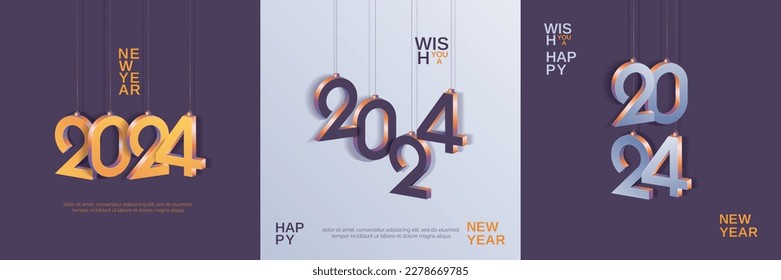 Happy new year 2024 with 3D hanging number with modern color scheme design. 2024 new year design template for poster, flyer, calendar, cover and media post