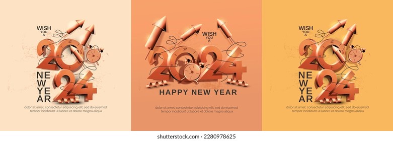 Happy new year 2024 with 3D modern retro design concept