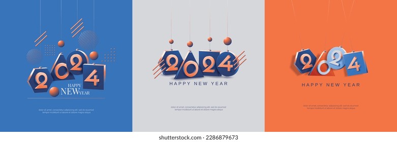 Happy new year 2024 with 3D abstract background. 2024 new year celebration with 3D hanging number