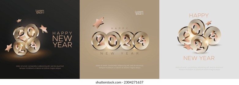 Happy new year 2024 with 3D luxury design template. Set of luxury 2024 new year celebration for greeting card, poster, calendar, flyer and social media post template