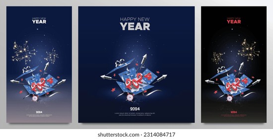 Happy new year 2024 with 3D number on open gift box for social media post template. 2024 new year social media stories template