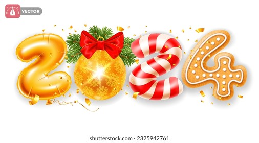 Happy New Year 2024 3d realistic, isolated creative digits 2024 made of golden foil balloon, Christmas ball with spruce twigs, candy cane, gingerbread. Decorated by flying tinsel. Vector illustration