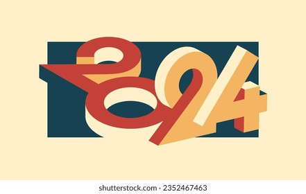 Feliz año nuevo 2024 con plantilla de diseño de color retro 3D. 2024 concepto de celebración de año nuevo para tarjeta de saludo, banner y plantilla de publicación