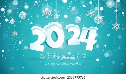 Happy new year 2024 3d Text Design. 2024 snow number illustration. Happy holidays banner with snowflakes and icicles on blue sparkling background.  Vector illustration.