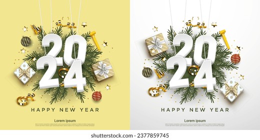 Happy New Year 2024 3d number. festive realistic decoration. Set of 2024 on square background