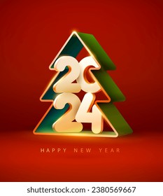 Feliz Año Nuevo 2024. Árboles de Navidad 3D con números blancos. Diseño festivo de tarjetas de felicitación. La imagen fue creada sin el uso de ninguna forma de IA.