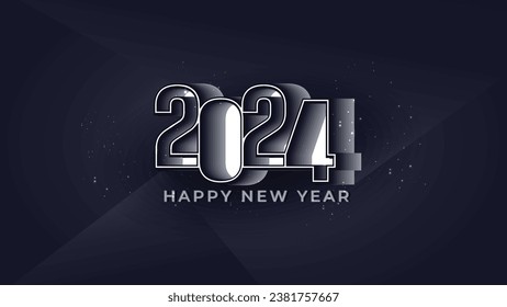 Happy New Year 2024 3d paper art lettering with geometric shapes black effect abstract vector background 