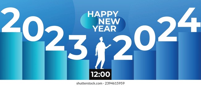Happy new year 2024 with 3D retro full color design template. 2024 new year celebration concept for greeting card, banner and post template blue