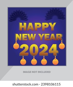 Happy new year 2024. 3d gold numbers with golden Christmas decoration and confetti on dark background. Holiday greeting card design