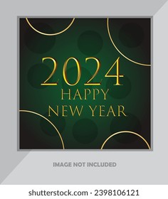 Happy new year 2024. 3d gold numbers with golden Christmas decoration and confetti on dark background. Holiday greeting card design