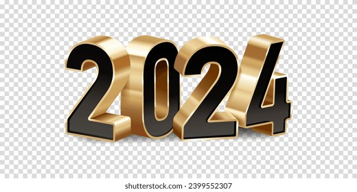 Happy new year 2024. 3D Shiny gold and black numbers, isolated on transparent background.