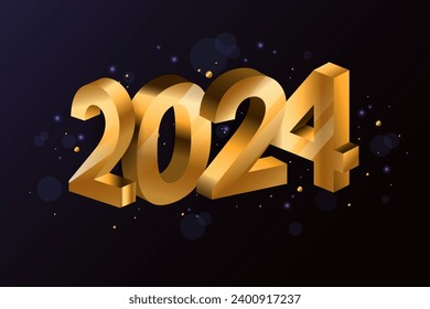 Happy new year 2024 with 3D number. Golden numbers with confetti