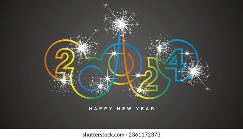 Happy New Year 2024 abstract line design colorful rings with year 2024 number white light sparkle firework black greeting card