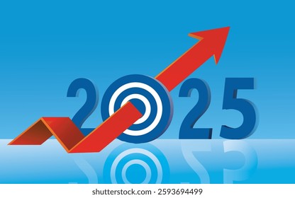 Happy new year 2024 with up arrow, 2024 year with target board for start up business objective target and goal for new year concept. Economic and financial growth in 2025, vector, illustration