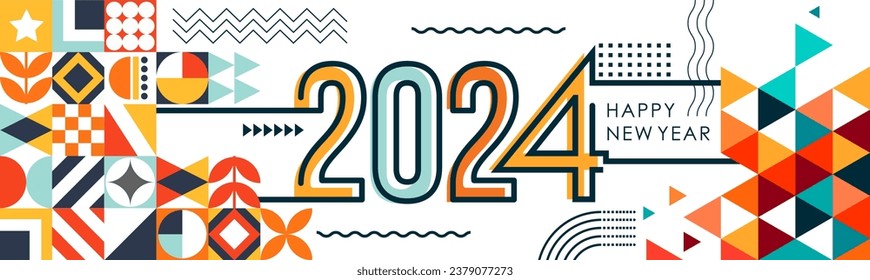 happy new year 2024 art banner design with modern geometric abstract background in colorful style. happy new year greeting card cover for 2024 typography with shapes. Creative Vector illustration.