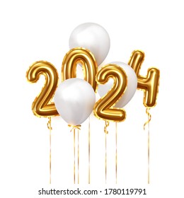 Happy New Year 2024. Background realistic golden balloons. Decorative design elements. Object render 3d ballon with ribbon. Celebrate party Poster, banner, greeting card. Festive Vector illustration.