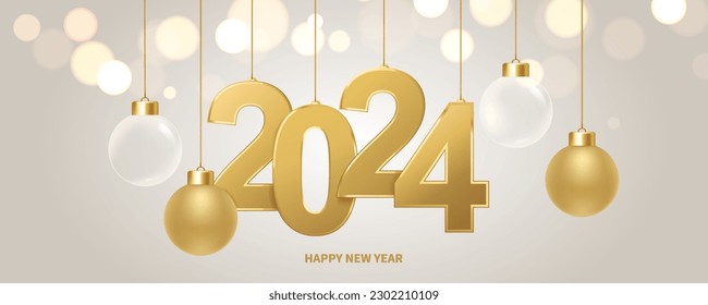 Happy new year 2024 background. Golden numbers and Christmas decoration with shiny lights in background. Holiday greeting card.