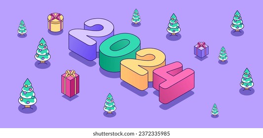 Happy New Year 2024 background. Christmas tree in cute minimalistic style and gifts. Creative concept for banner, flyer, cover, social media, design web page. Vector illustration concept