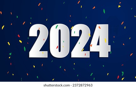 Happy New Year 2024 Background Design with Confetti Celebration. Banner, Poster, Greeting Card. Vector Illustration.