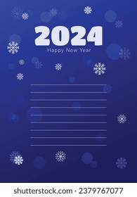 Happy New Year 2024 background. Creative concept for banner, flyer, cover, social media. Winter landscape with snowflakes, lights, stars.