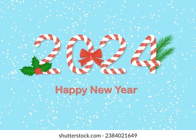 Happy new year 2024 background with numbers in candy cane shape