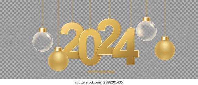 Happy new year 2024 background. Golden numbers and Christmas decoration, isolated on transparent background. Holiday greeting card.