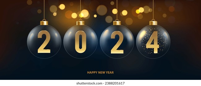 Happy new year 2024 background. Hanging transparent Christmas balls with golden numbers of 2024 year and with shiny lights in background.