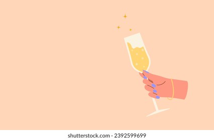 Happy new year 2024 background. Hands holding champagne and decor. Human hands of couple clinking glasses. Doodle style New Year poster, cover, background. Vector illustration