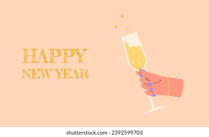 Happy new year 2024 background. Hands holding champagne and decor. Human hands of couple clinking glasses. Doodle style New Year poster, cover, background. Vector illustration