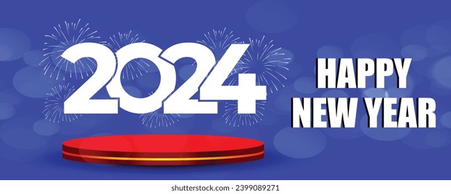 Happy new year 2024 background. Holiday greeting card design. Vector illustration.  Happy New Year 2024 on a blue background with fireworks. 