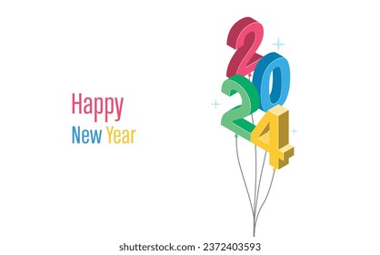 Happy new year 2024 balloon concept for greeting card, banner and post template. Isometric vector