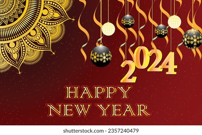 Happy new year 2024 banner with snowflakes ball, ribbons, mandala design, decorative new year poster or card for 2024, vector art illustration