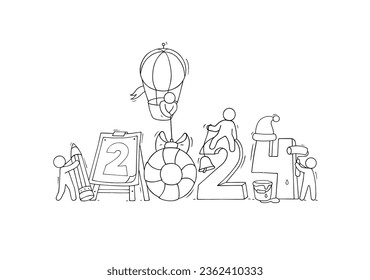 Happy New year 2024 banner with doodle people. Vector sketch illustration of cute little men drawing on easel, paint numbers of year and fly on hot air balloon with hanging Christmas ball
