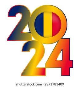 Happy New Year 2024 banner with Chad flag inside. Vector illustration.