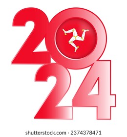 Happy New Year 2024 banner with Isle of Man flag inside. Vector illustration.