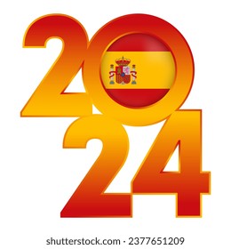 Happy New Year 2024 banner with Spain flag inside. Vector illustration.