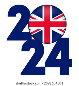 Happy New Year 2024 banner with UK flag inside. Vector illustration.