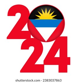 Happy New Year 2024 banner with Antigua and Barbuda flag inside. Vector illustration.
