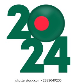 Happy New Year 2024 banner with Bangladesh flag inside. Vector illustration.