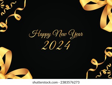 happy new year 2024 banner, golden text and ribbons on black background, vector graphics
