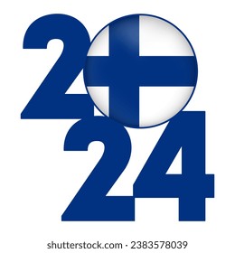Happy New Year 2024 banner with Finland flag inside. Vector illustration.