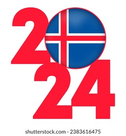 Happy New Year 2024 banner with Iceland flag inside. Vector illustration.