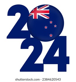 Happy New Year 2024 banner with New Zealand flag inside. Vector illustration.