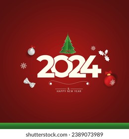 Happy New Year 2024 banner vector template. Winter holidays, Christmas congratulations. Festive postcard, luxury greeting card concept. Gold number with golden sparkle illustration with text space.