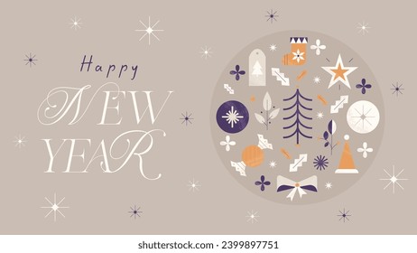 Happy New Year 2024 Banner. Happy New Year greeting banner with geometric holiday winter symbols and elements. Minimalistic retro flat style. Vector illustration.