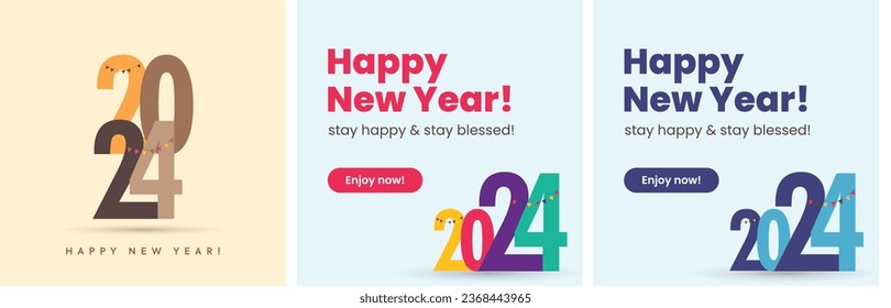 Happy new year 2024 banners template. Happy new year 2024 wishing and celebration banners and complete social media post. simple and decent new year greeting card concept. 