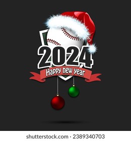 Feliz año nuevo 2024. Diseño de la plantilla del logo del béisbol. Balón de béisbol con sombrero de santa. Diseño de tarjetas de felicitación, banner, afiche. Ilustración del vector en el fondo aislado