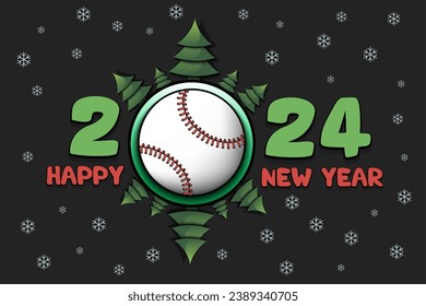 Happy new year. 2024 with baseball ball and Christmas trees. Original template design for greeting card, banner, poster. Vector illustration on isolated background