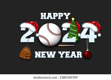 Happy new year. 2024 with baseball ball. Numbers in Christmas hats with baseball glove and Christmas tree ball. Original template design for greeting card. Vector illustration on isolated background