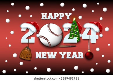 Happy new year. 2024 with baseball ball. Numbers in Christmas hats with baseball glove and Christmas tree ball. Original template design for greeting card. Vector illustration on isolated background